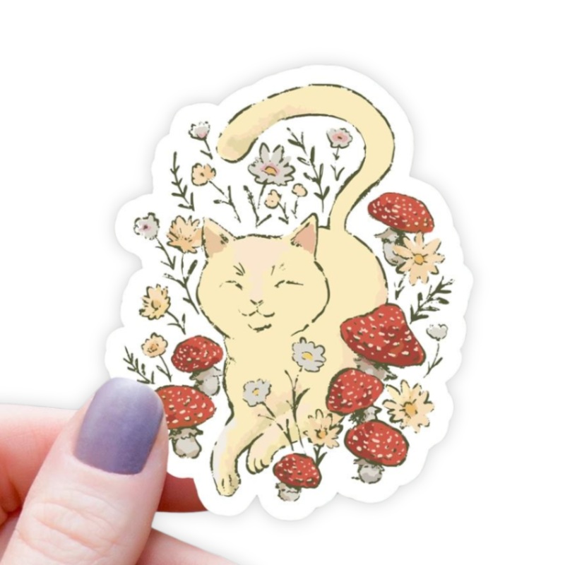 Cat Walking Amongst Mushrooms Sticker – 3