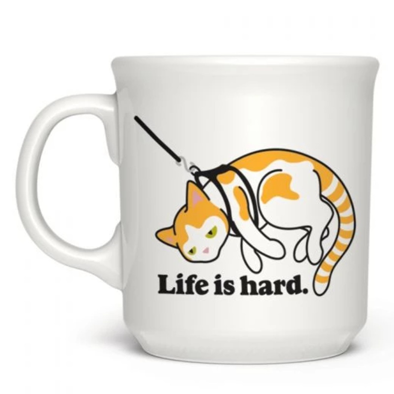 Life is hard.  cat on leash mug