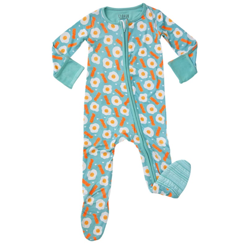 Soft & Stretchy Zipper Footie – Bacon & Eggs Blue