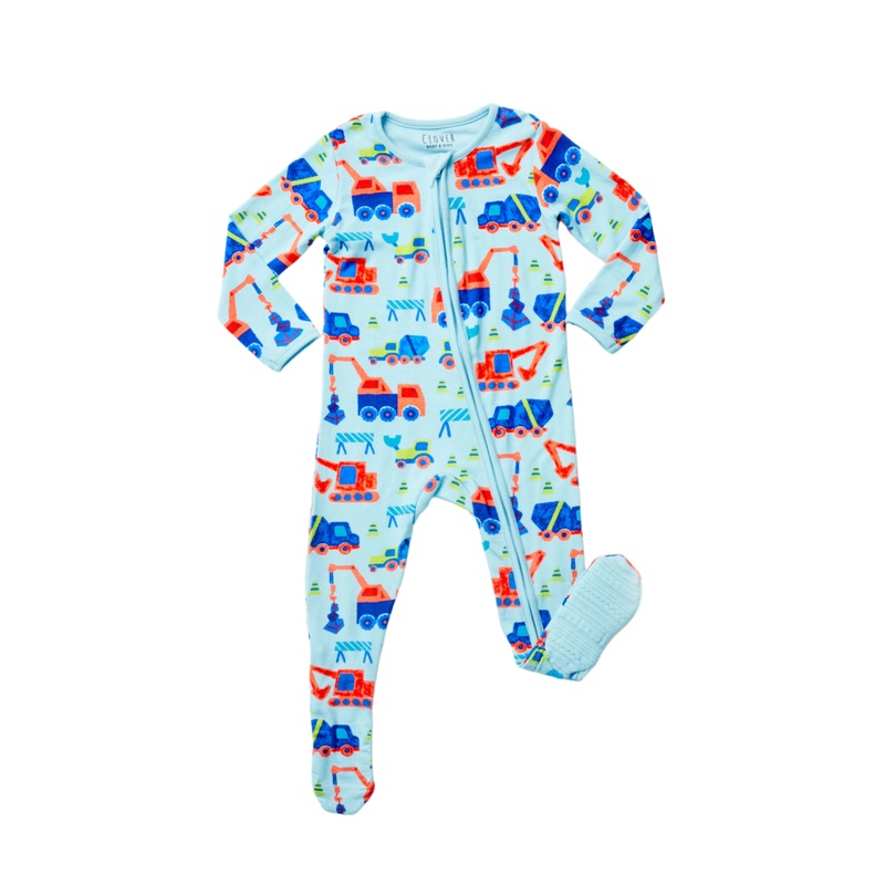 Soft & Stretchy Zipper Footie – Construction Blue