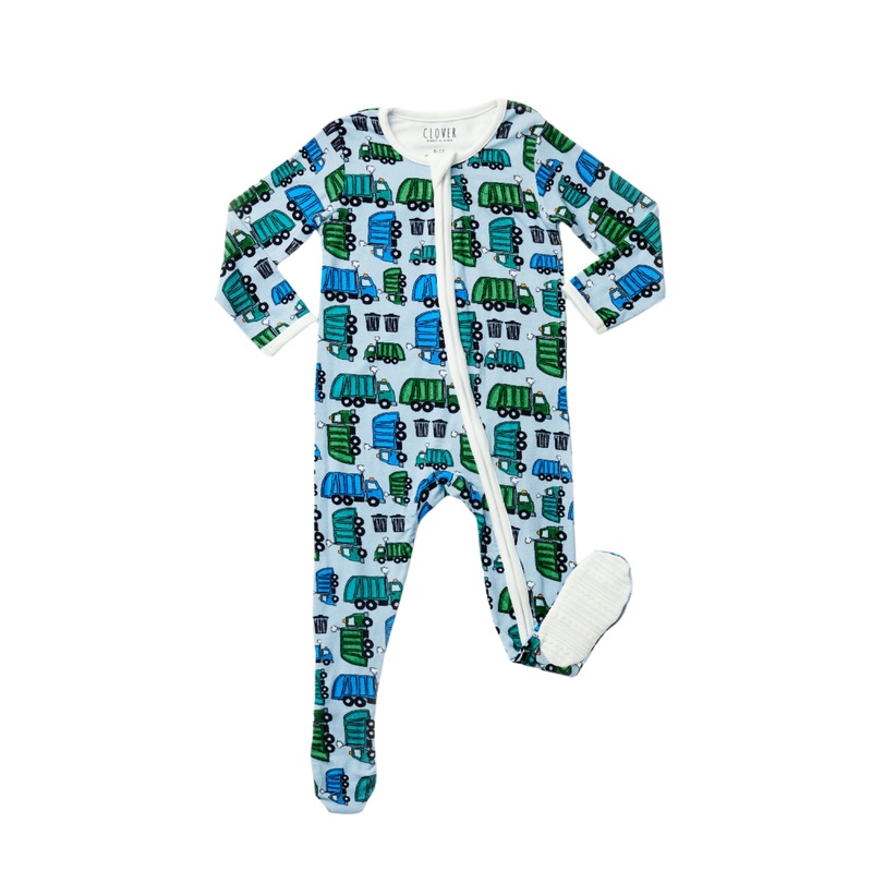 Soft & Stretchy Zipper Footie – Garbage Trucks