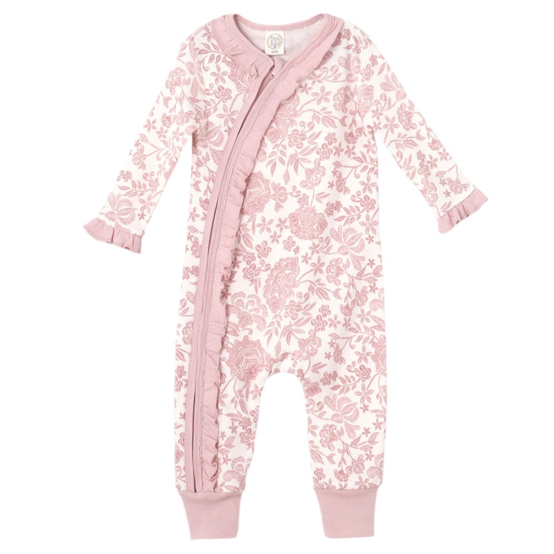 Baby Girl Pink Embroidered Lace Zipper Romper