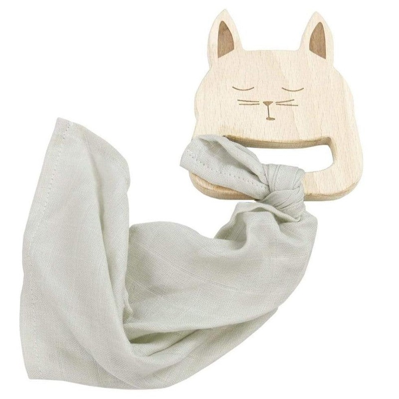 Wooden Bunny Teether with Gray Blankie