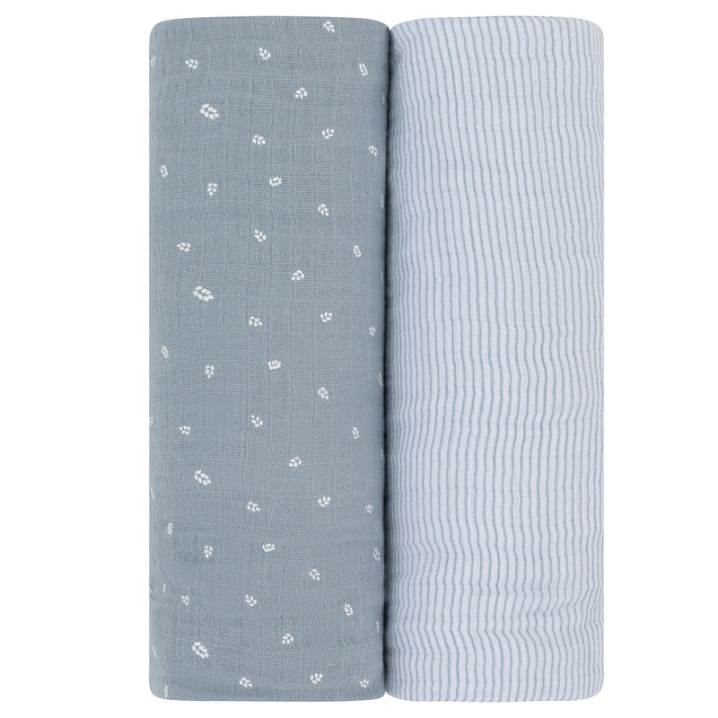 2 Pack Cotton Muslin Swaddle Blanket – Blue Leaf & Stripes