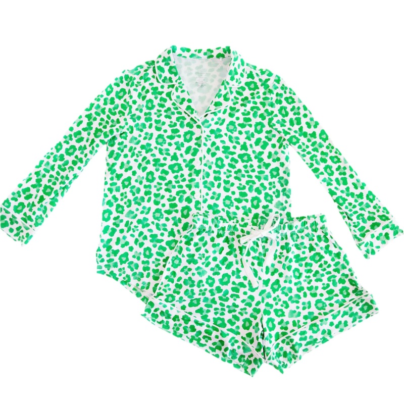 Green Leopard Womens Button Down Short Set