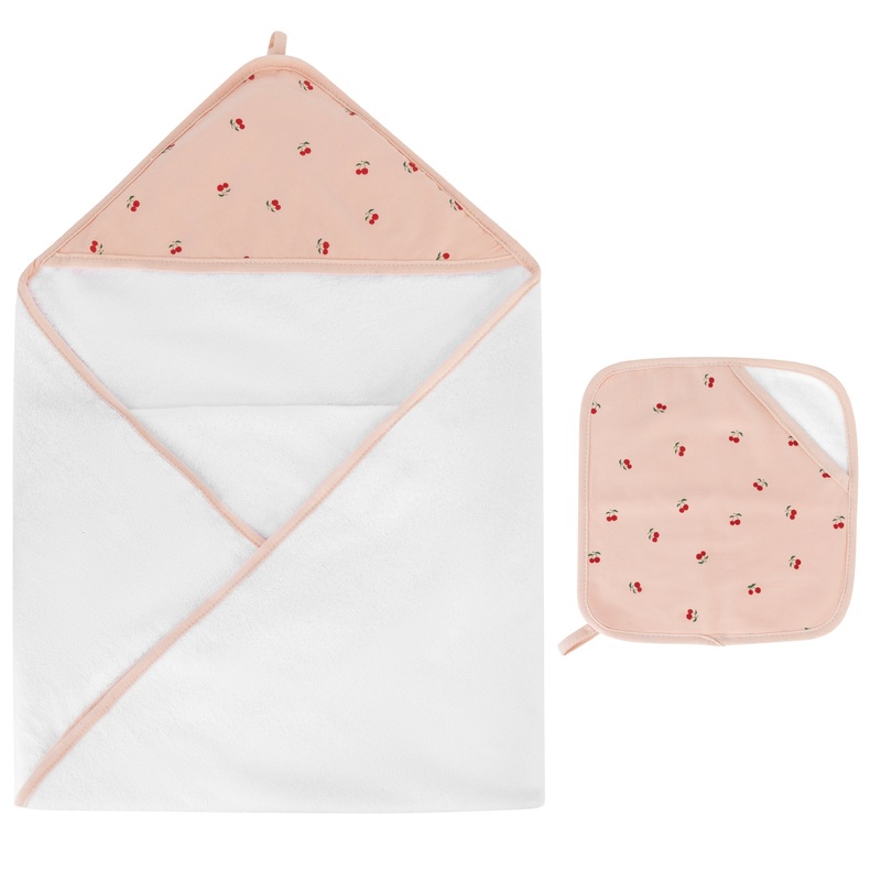Hooded Towel & Washcloth – Pink Cherries