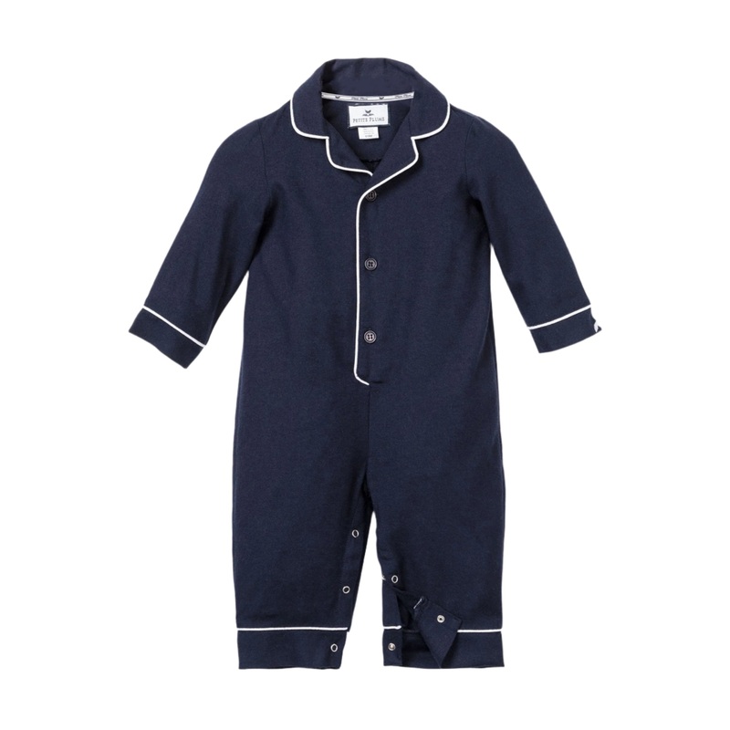 Baby’s Flannel Romper in Navy with White Piping
