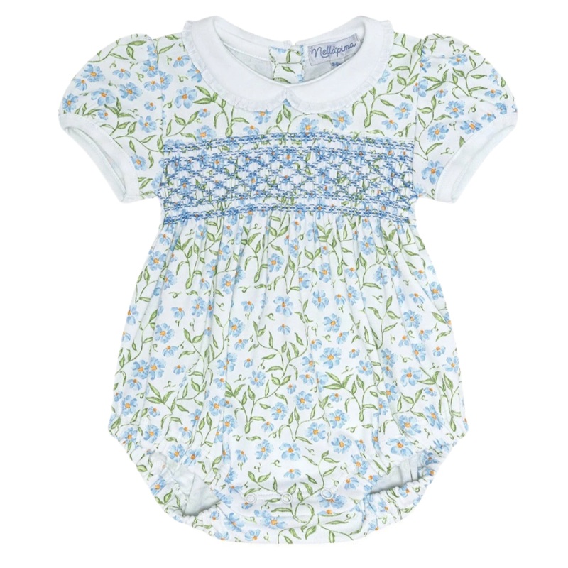 Blue Vines Print Smocked Bubble