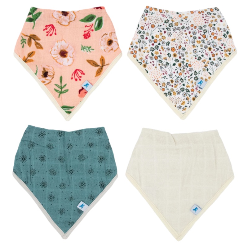 Cotton Muslin + Fleece Bandana Bib 4 Pack – Vintage Floral