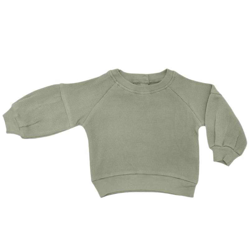 Waffle Balloon Sleeve Sweatshirt – Olive Green