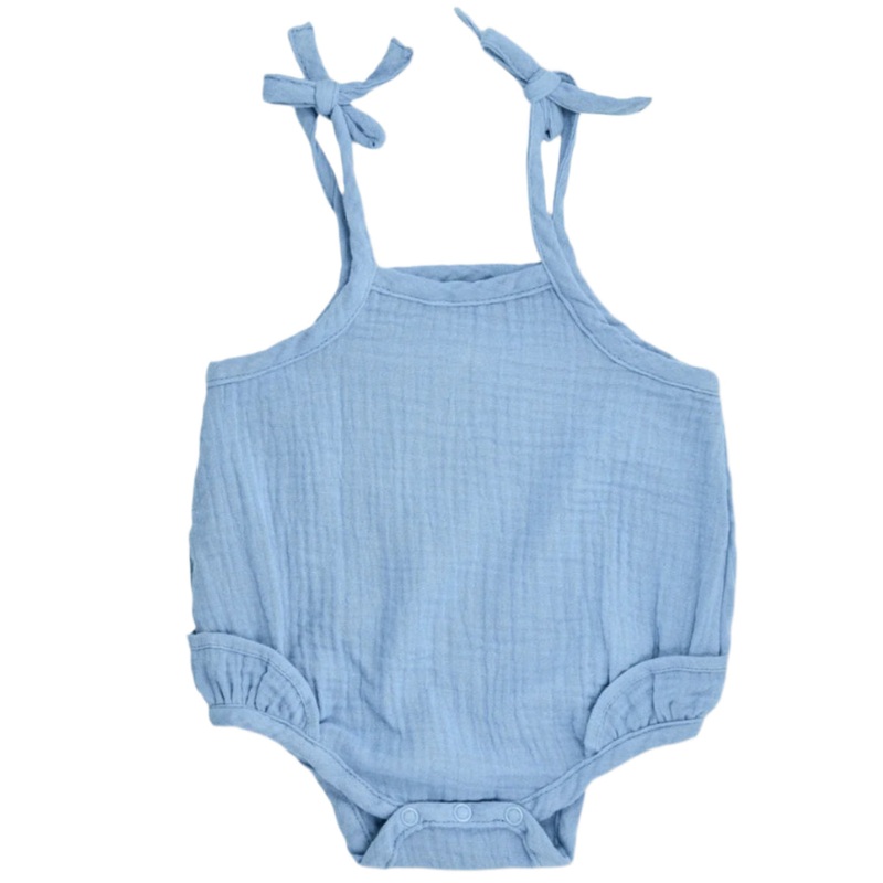 Muslin Ruffle Romper With Ties – Blue