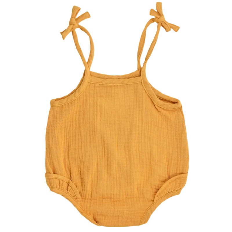 Muslin Ruffle Romper with Ties – Mustard