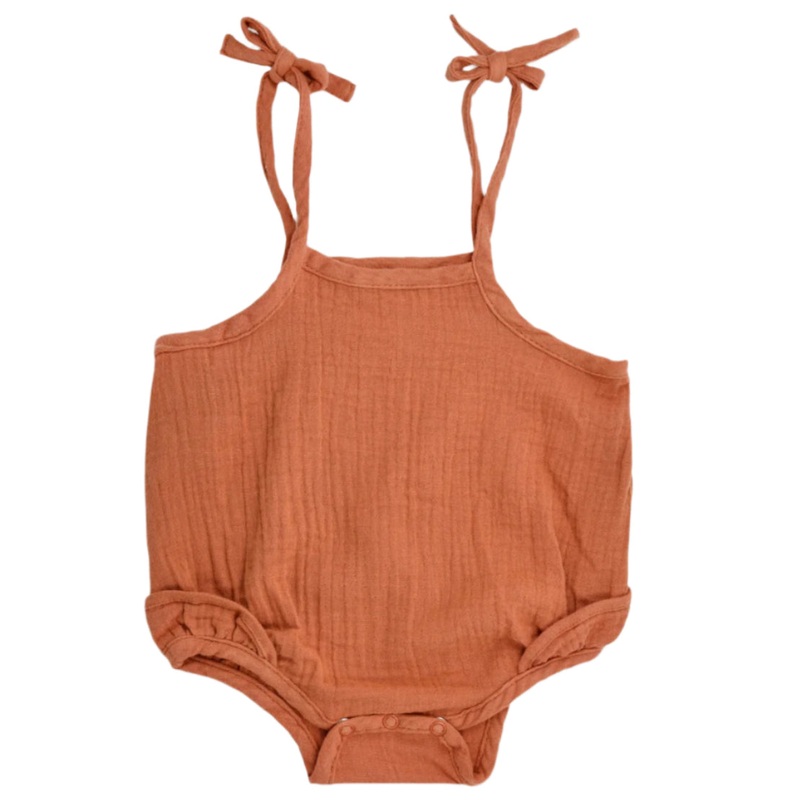 Muslin Ruffle Romper with Ties – Rust