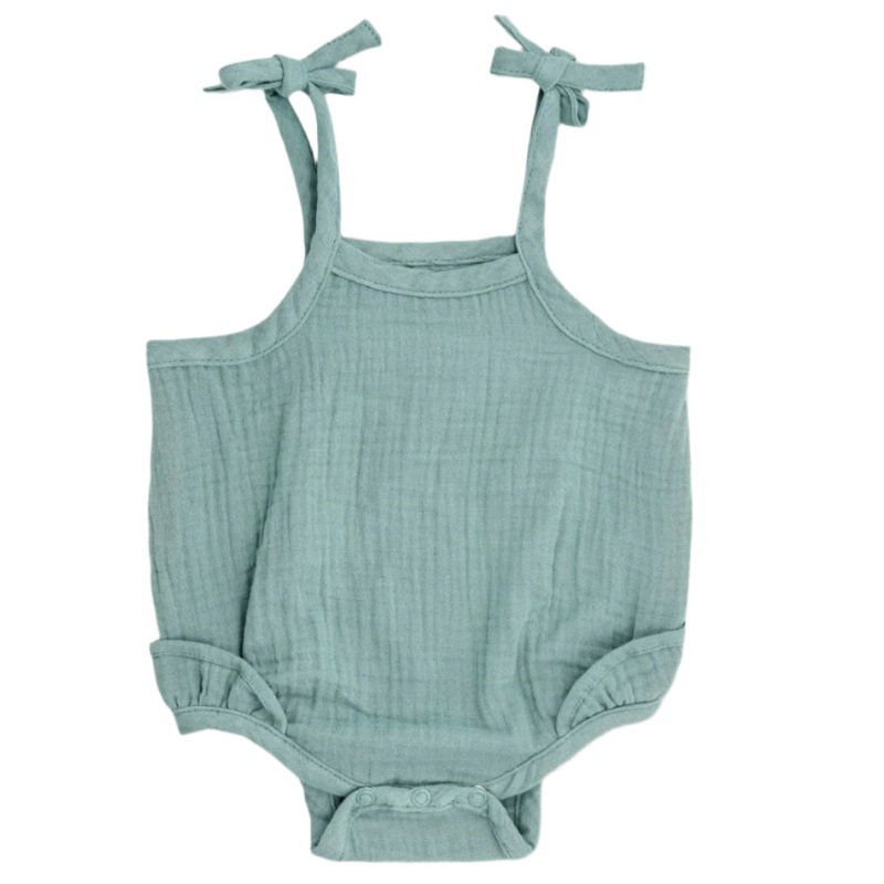 Muslin Ruffle Romper with Ties – Teal