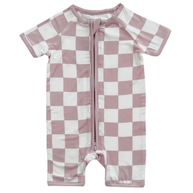 Bamboo Shorty Romper | Latte Checkered