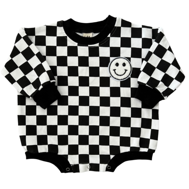 Bubble Romper | Checkered Smiley Black