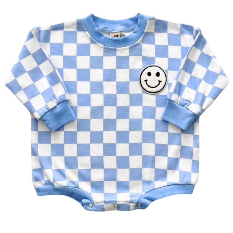 Bubble Romper | Checkered Smiley Blue
