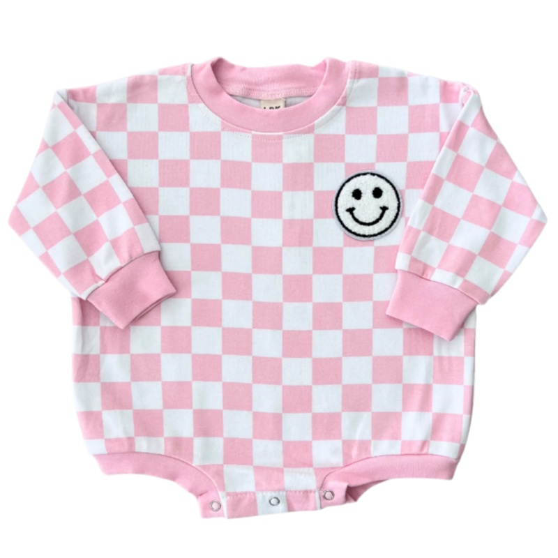 Bubble Romper | Checkered Smiley Pink