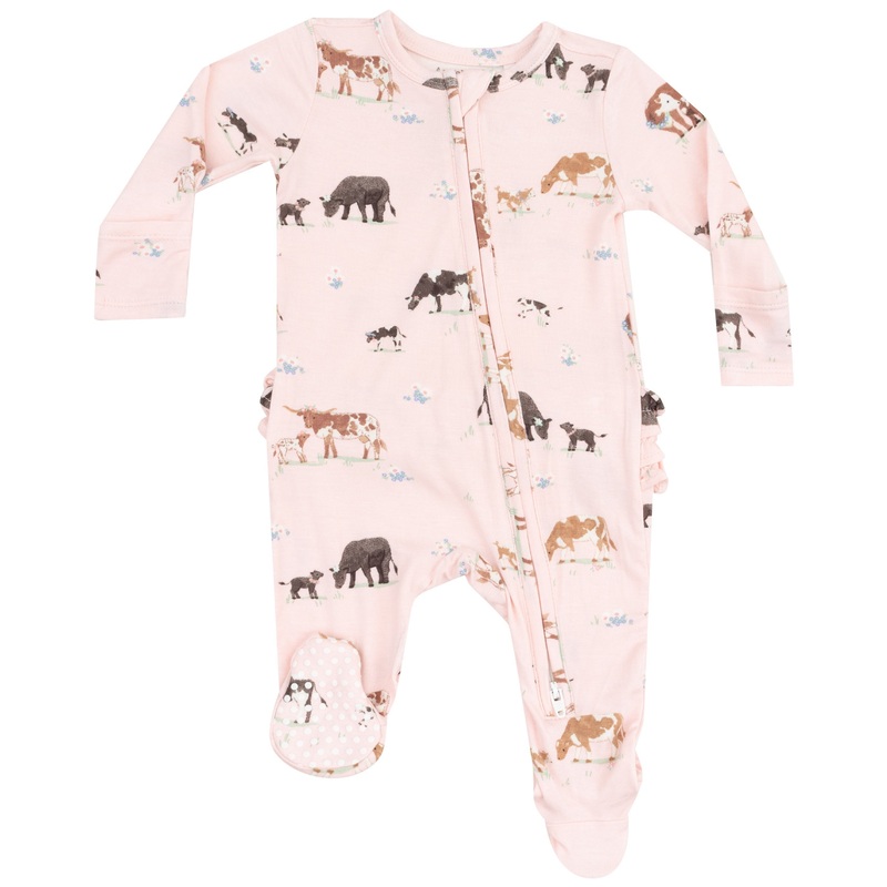 2 Way Zipper Ruffle Back Footie – Cow Families Pink