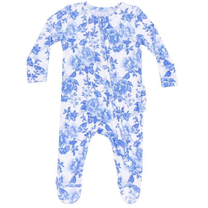 2 Way Zipper Ruffle Back Footie – Roses In Blue