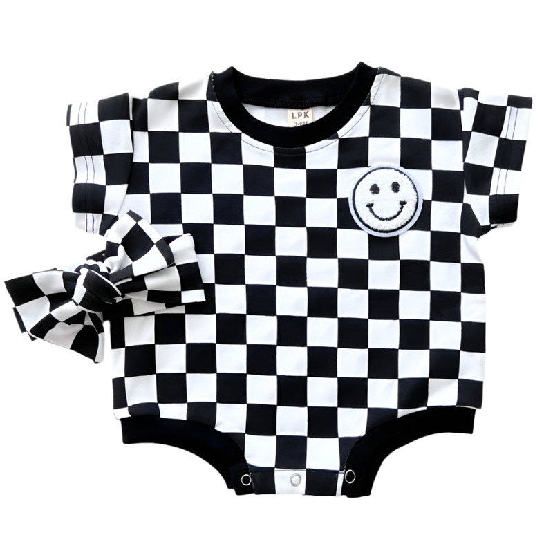 Short Sleeve Bubble Romper | Checkered Smiley Black
