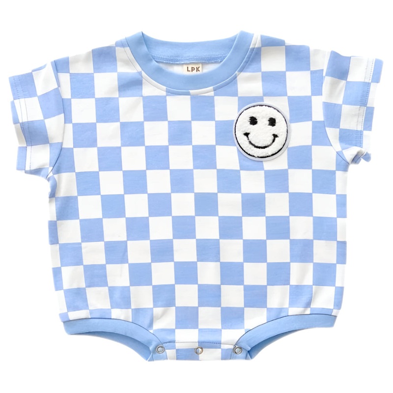Short Sleeve Bubble Romper | Checkered Smiley Blue