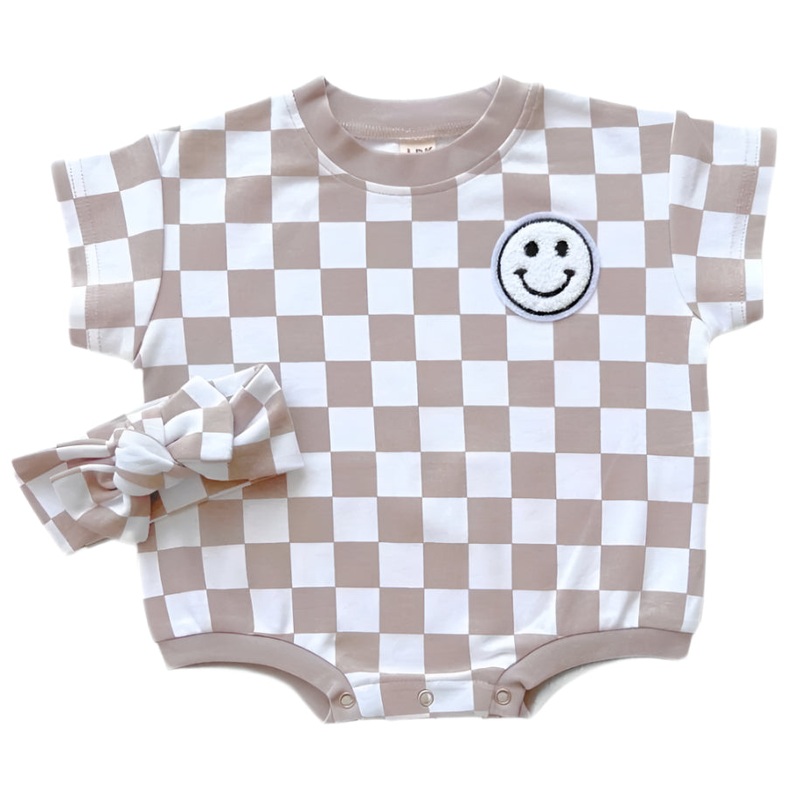 Short Sleeve Bubble Romper | Checkered Smiley Latte