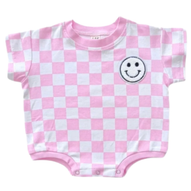 Short Sleeve Bubble Romper | Checkered Smiley Pink