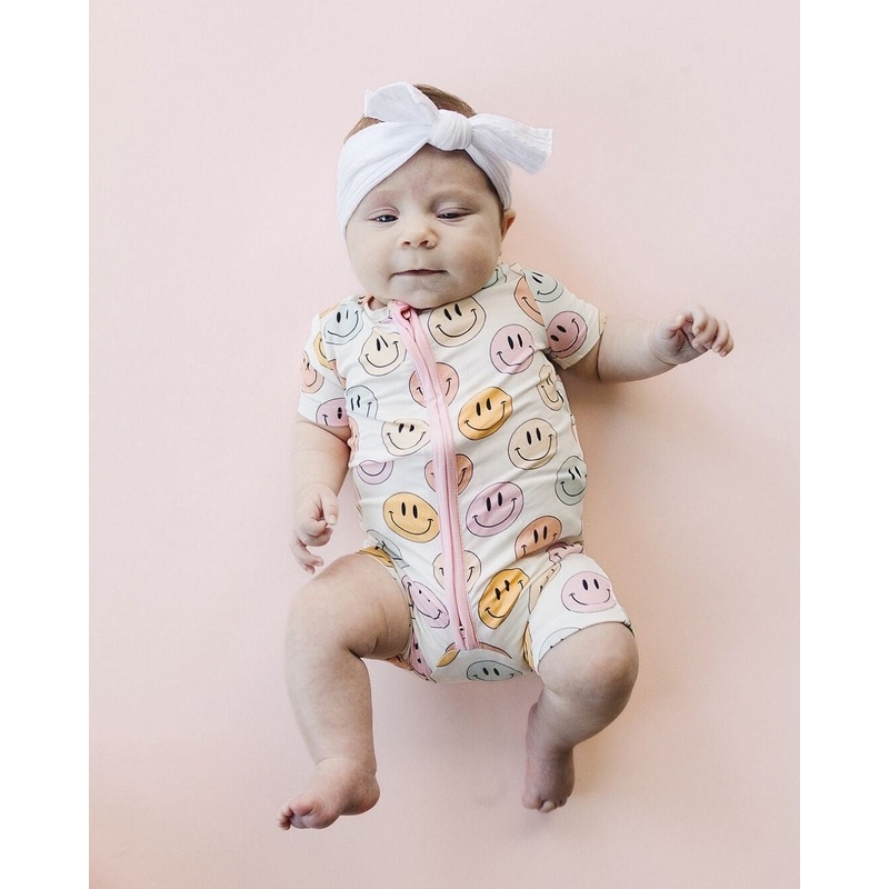 Smiley Bamboo Short Romper | Pink