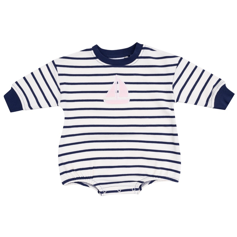 French Terry Sweatshirt Bubble with Pink Sailboat Applique – Navy Stripe