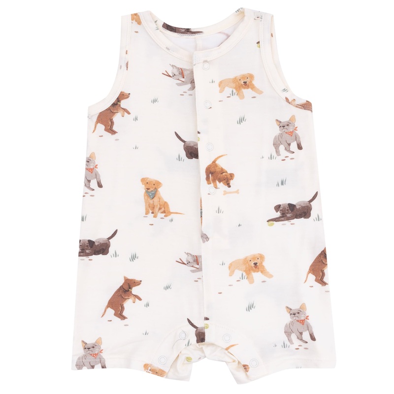 Sleeveless Shortie Romper – Watercolor Puppies