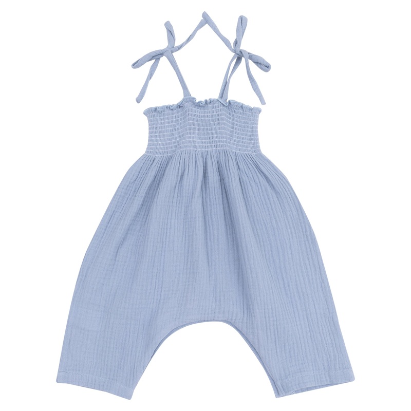 Smocked Romper – Solid Muslin Dusty Blue
