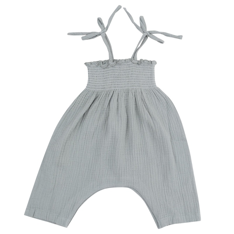 Smocked Romper – Solid Muslin Slate Gray