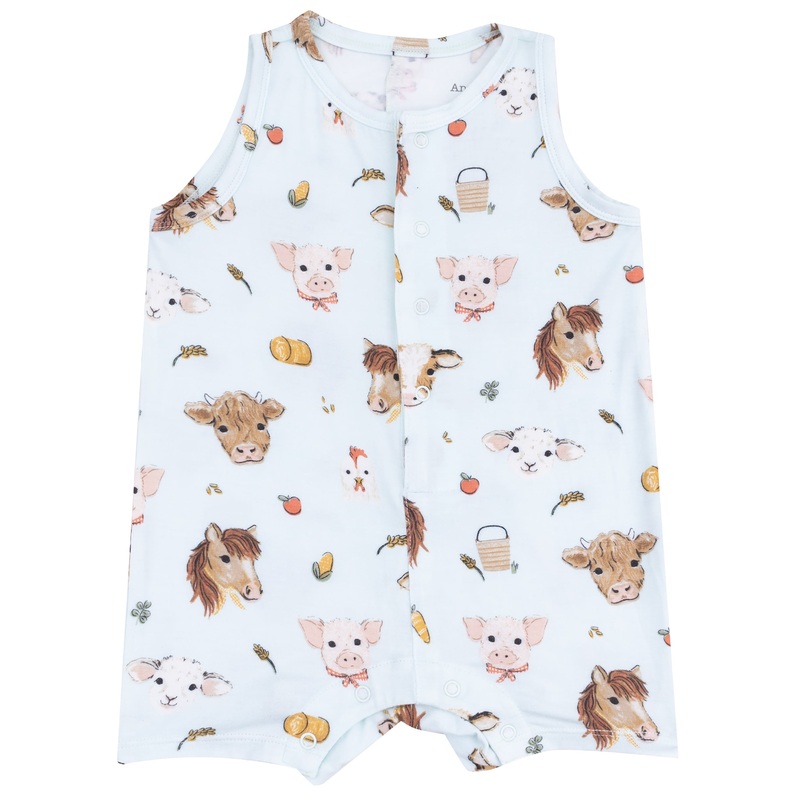 Sleeveless Shortie Romper – Vintage Animals Faces Blue