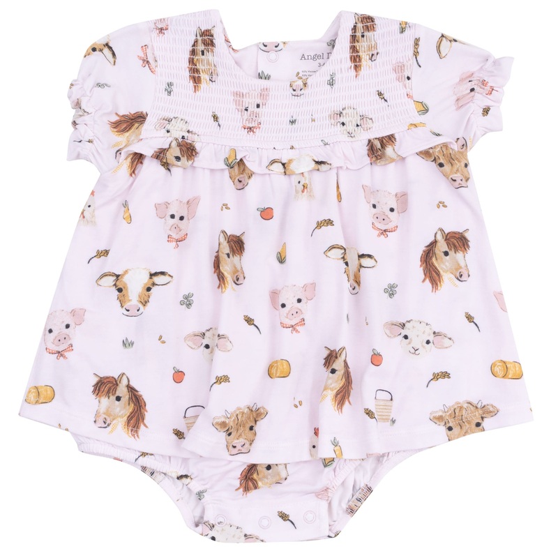 Smocked Ruffle Bubble with Skirt – Vintage Animals Faces Pink