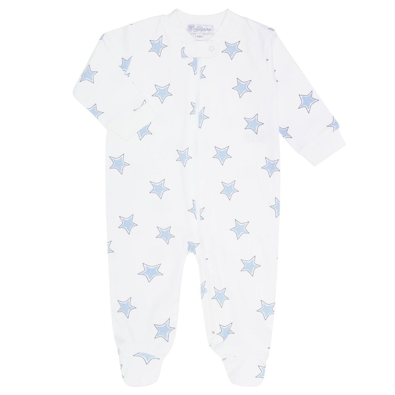 Blue Stars Print Zipper Footie