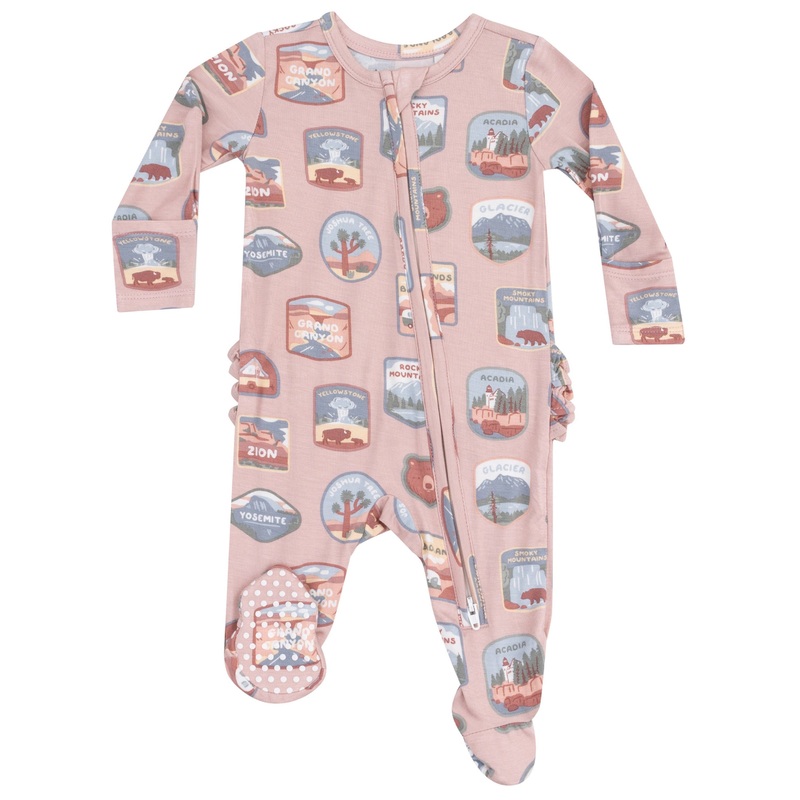 2 Way Zipper Ruffle Back Footie – National Park Patches Pink