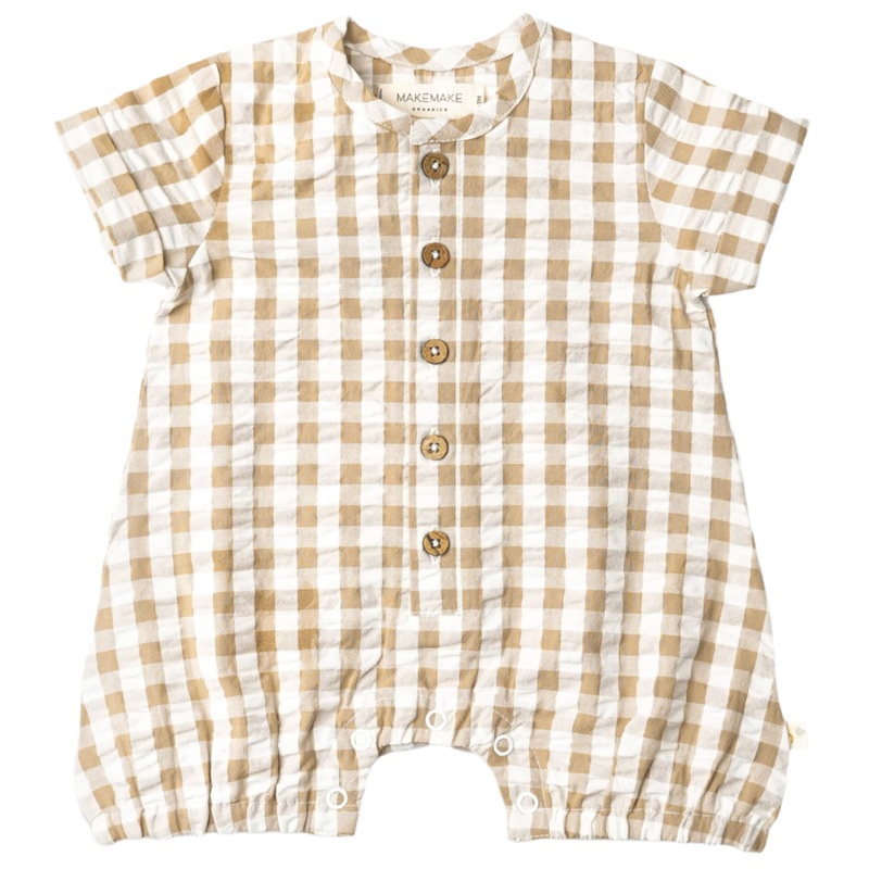 Organic Short Bubble Romper – Brown Chequered