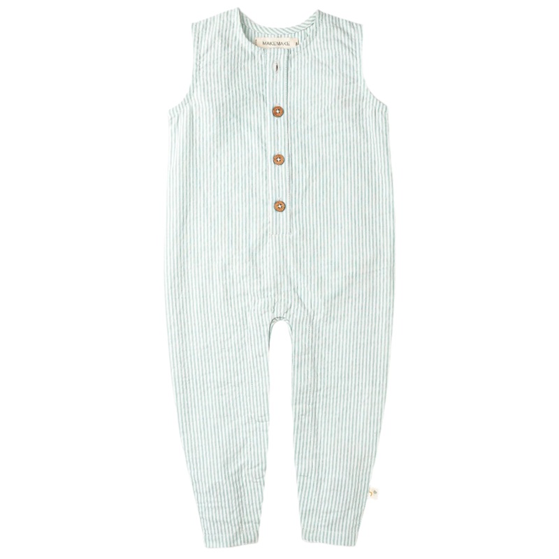 Organic Sleeveless Full Romper – Green Stripes