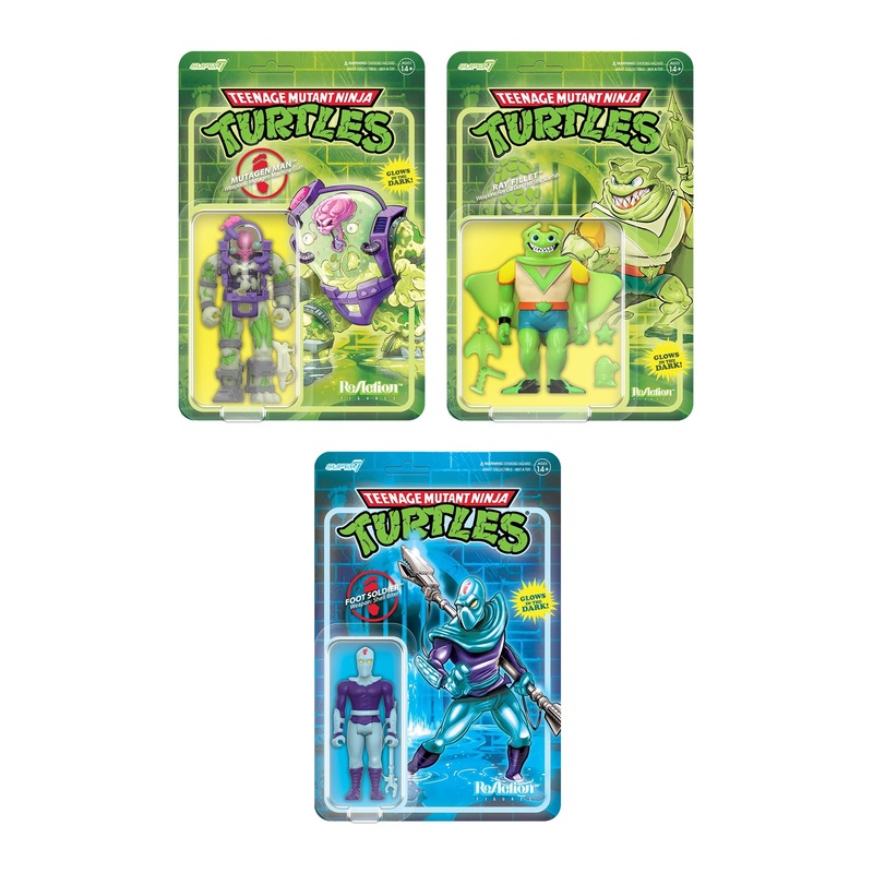 Teenage Mutant Ninja Turtles ReAction Figures – Mutagen Man (Glow), Foot Soldier (Blue Glow), Ray Fillet Bioluminescent (Green Glow)