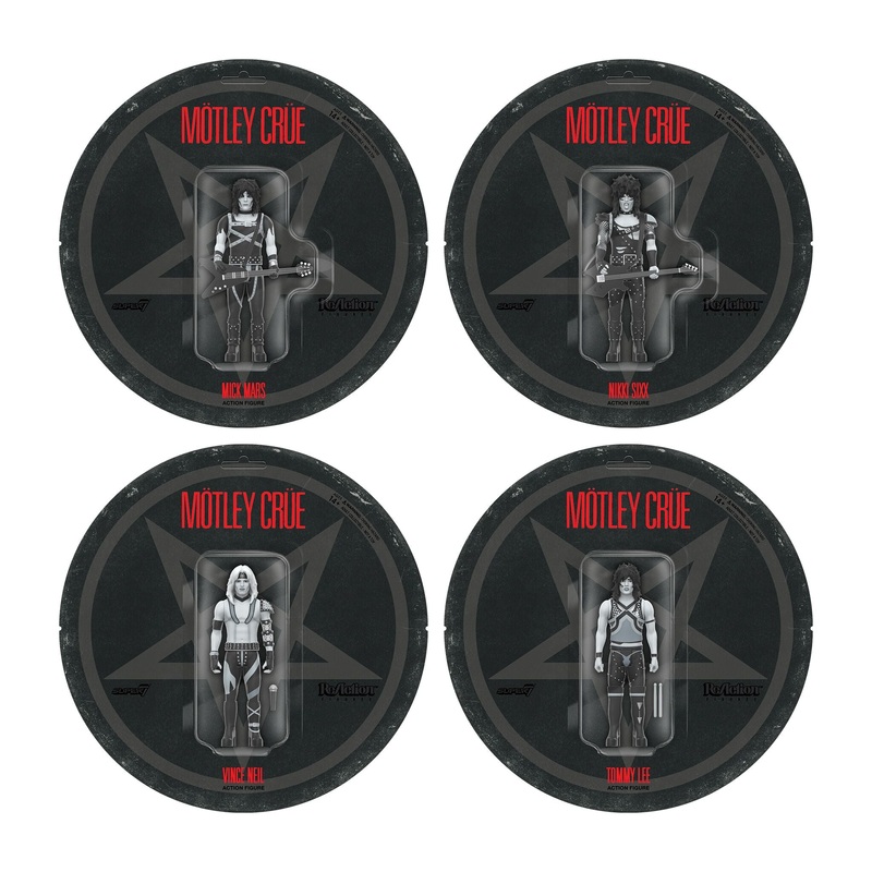 Motley Crue ReAction Figures Wave 02 – Vince Neil, Tommy Lee, Nikki Sixx, & Mick Mars (Shout At The Devil – Black & White)