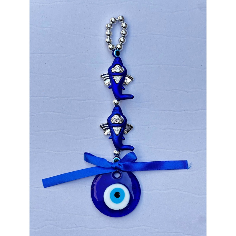 Evil Eye Fish Hanging Charm  Blue Nazar Protection Decor with Beads and Ribbon
