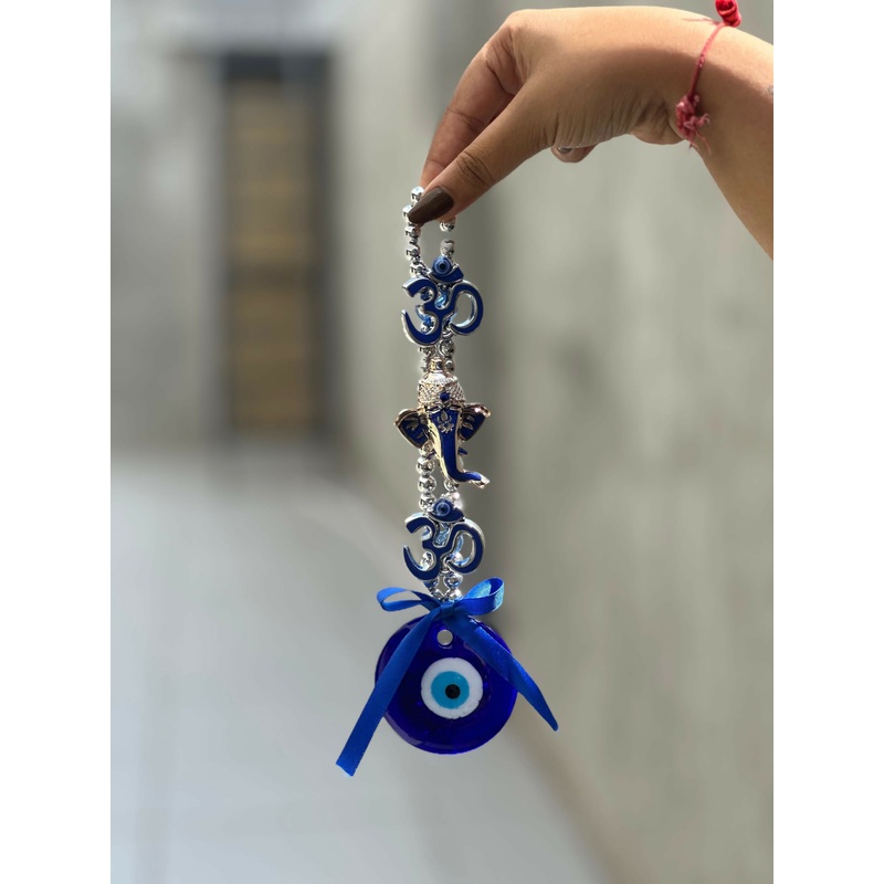Om and Ganesha Evil Eye Wall Hanging  Nazar Protection Charm with Blue Ribbon and Beads