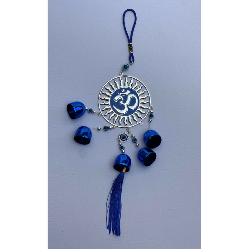 Om Sun Evil Eye Wall Hanging  Blue Nazar Protection Wind Chime with Bells and Tassel