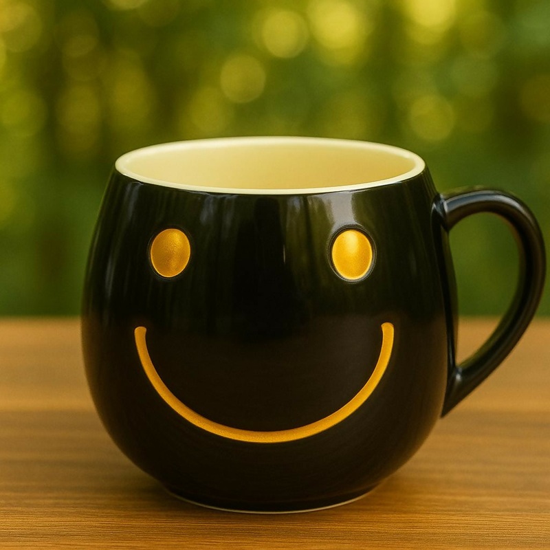 GlowSmile Ceramic Mug  Black & Gold Smiley Face Coffee Cup