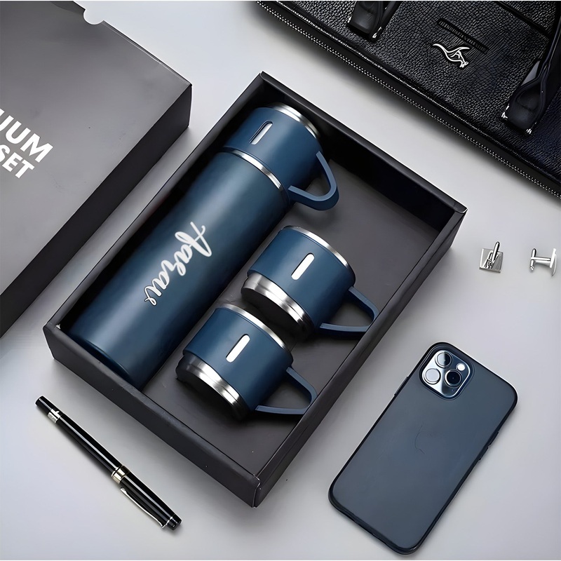 Customized Stainless Steel Vacuum Flask Set with 3 Cups  500ML | Personalized Name Bottle Gift Combo for Boyfriend, Girlfriend, Employee