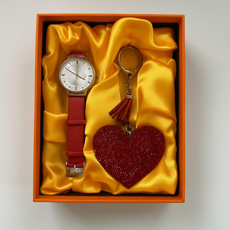Romantic Gift Set for Women  Stylish Red Watch & Glitter Heart Keychain in Gift Box