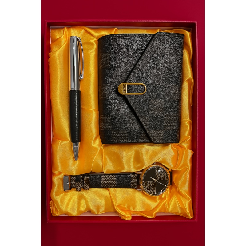 Mens Gift Set  Premium Wallet, Analog Watch & Pen Combo (Brown Checkered Design)