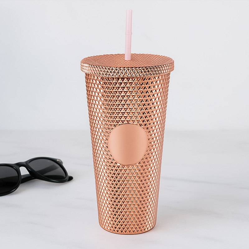 Studded Cup Tumbler Straw Lid – Plastic Double Walled Cold Cup for iced Coffee