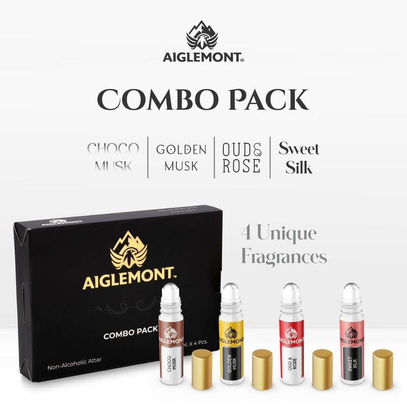 Aiglemont Non-Alcoholic Roll on Attar Combo Set (Choco Musk, Golden Musk, Oud & Rose, Sweet Silk) (4Pcs x 6ml)